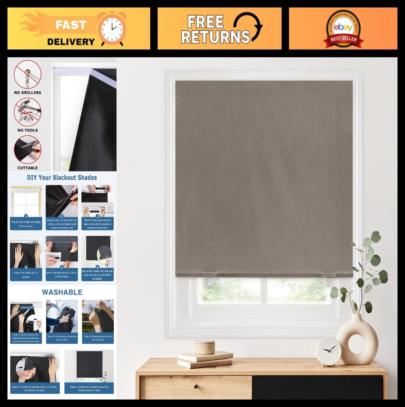 100% Blackout Roller Shades 36"x72" Taupe | Cordless No-Drill Thermal Insulated0