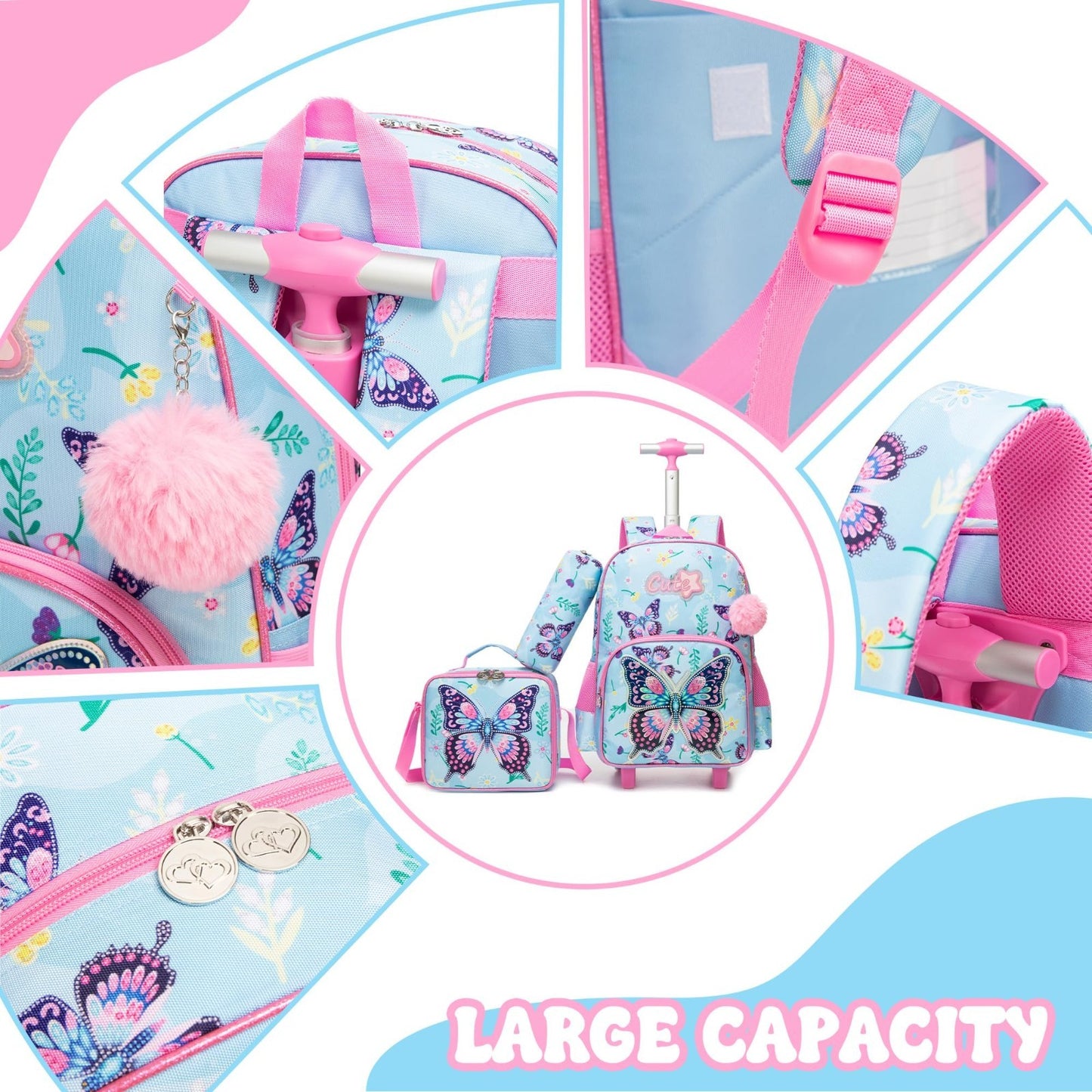 Cute Butterfly Kids Rolling Backpack with Wheels, School Roller Bag & Lunch Case4