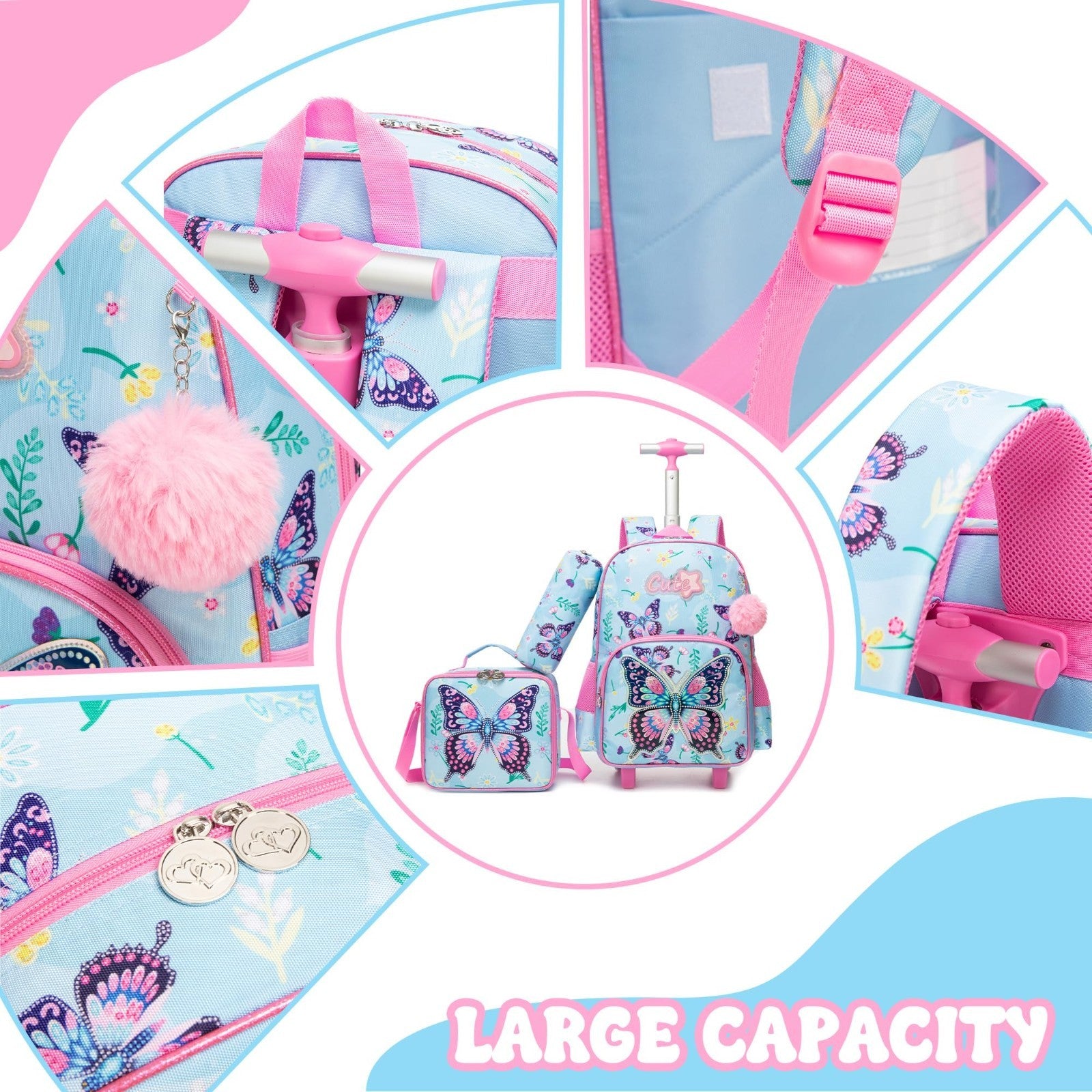 Cute Butterfly Kids Rolling Backpack with Wheels, School Roller Bag & Lunch Case4