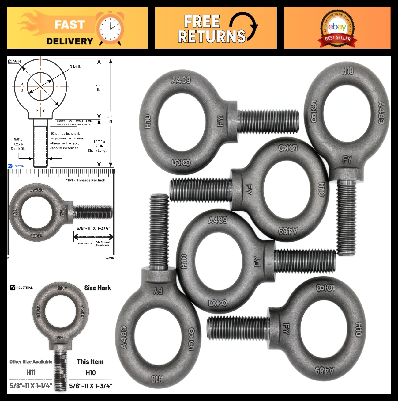 6 Pcs Lifting Shoulder Eye Bolts 5/8"-11 X 1-3/4" Heavy Duty Hardware Fasteners0