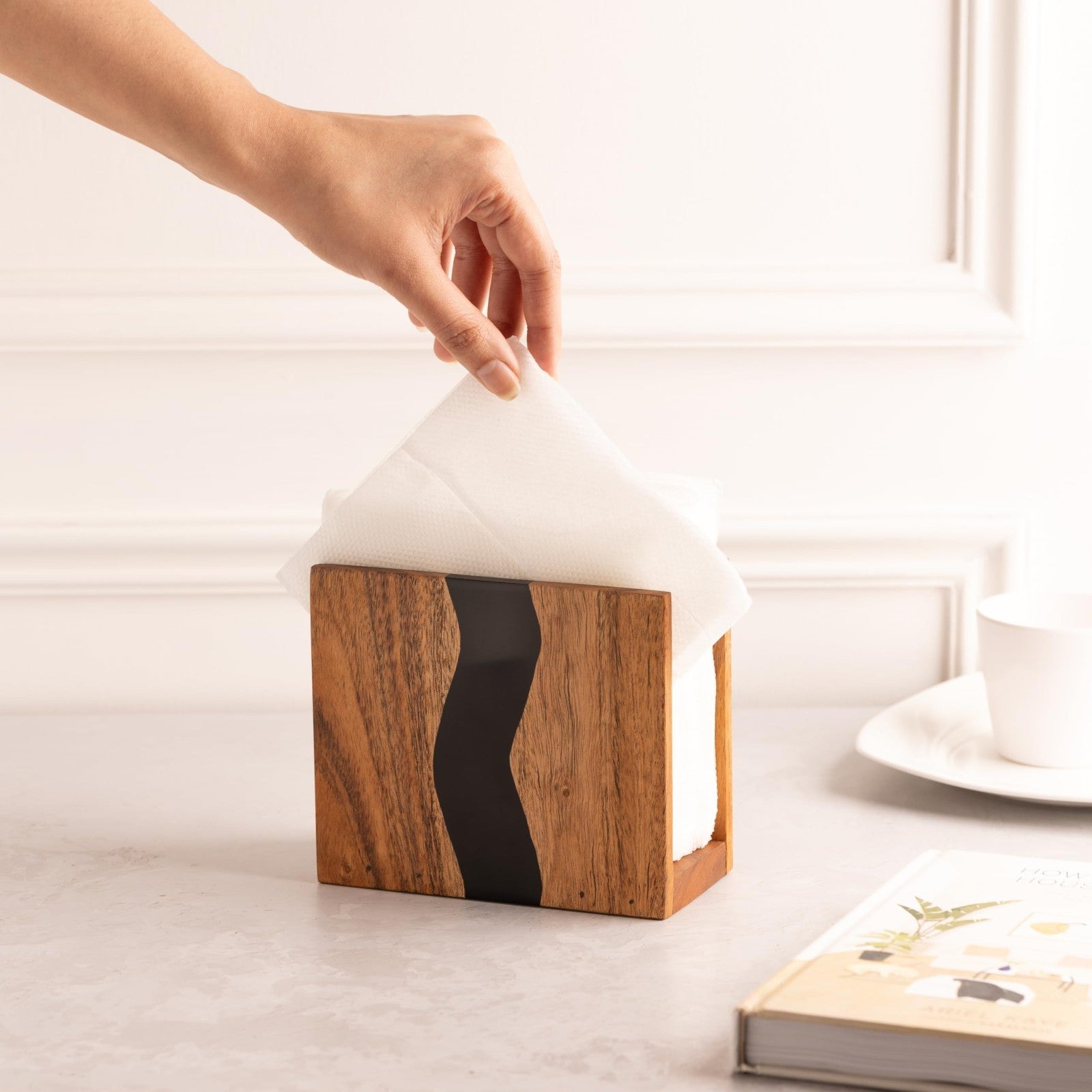 Rustic Acacia Wood & Epoxy Resin Napkin Holder - Farmhouse Table Organizer, 6x5x3