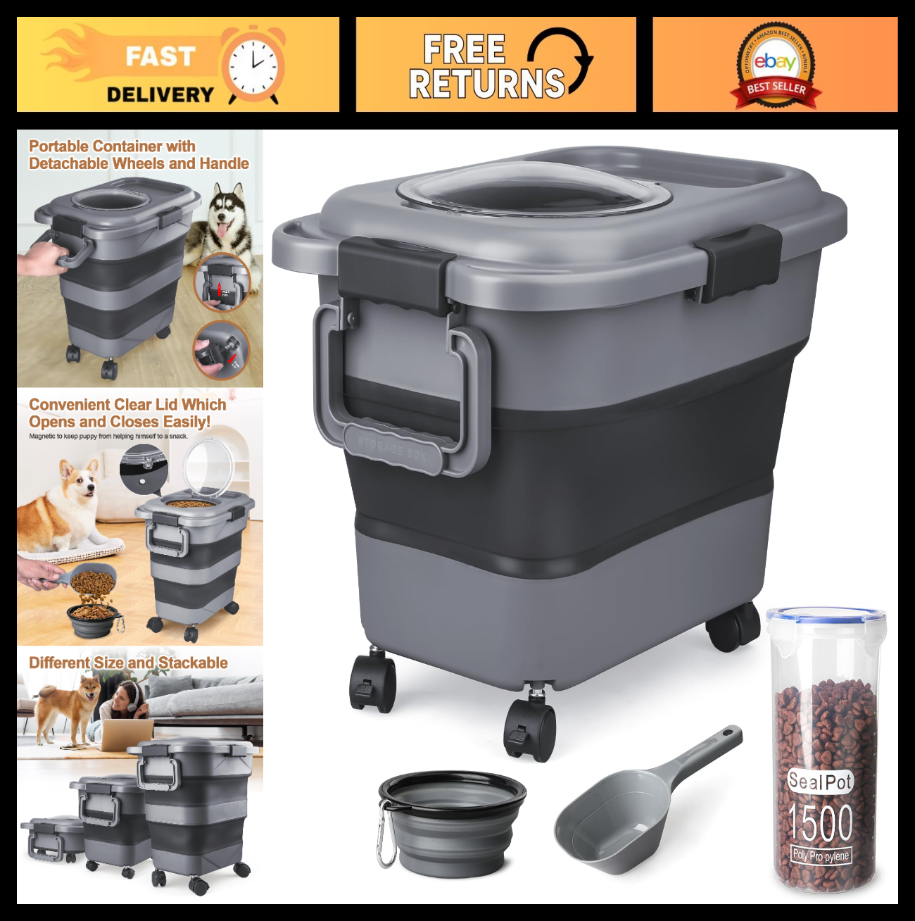 Airtight Dog & Cat Food Storage Container, 10 20 lbs, Collapsible, Wheels, Scoop0