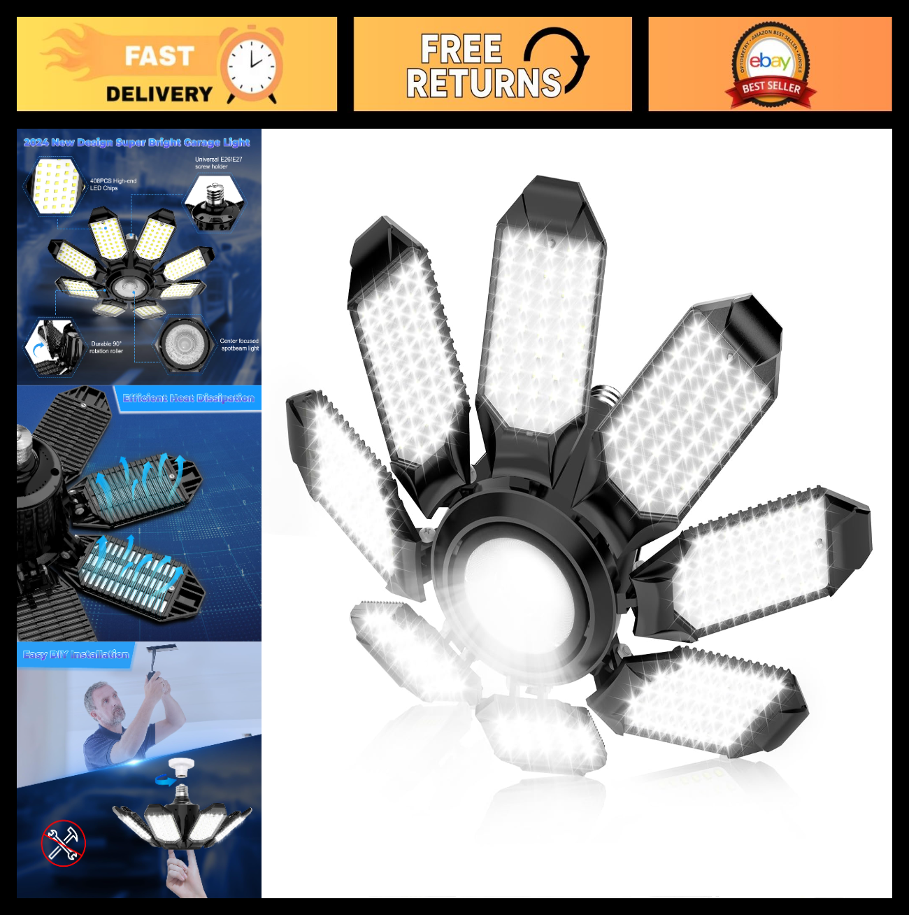Super Bright 25000LM Garage Ceiling Lights, 8 Deformable Panels, 6500K LED, E26/0