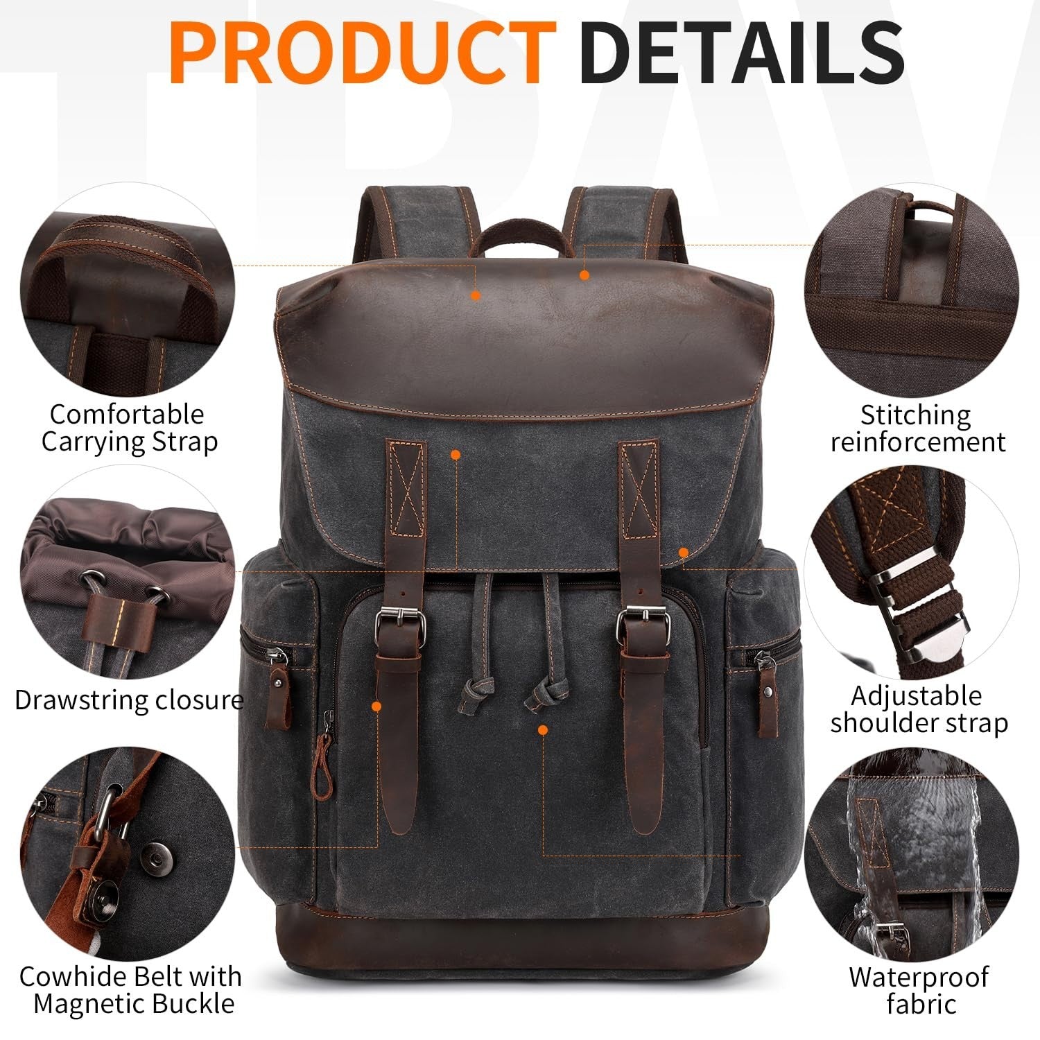 Vintage Waxed Canvas Leather Backpack for Men, 17.3" Laptop Rucksack, Travel Bag3