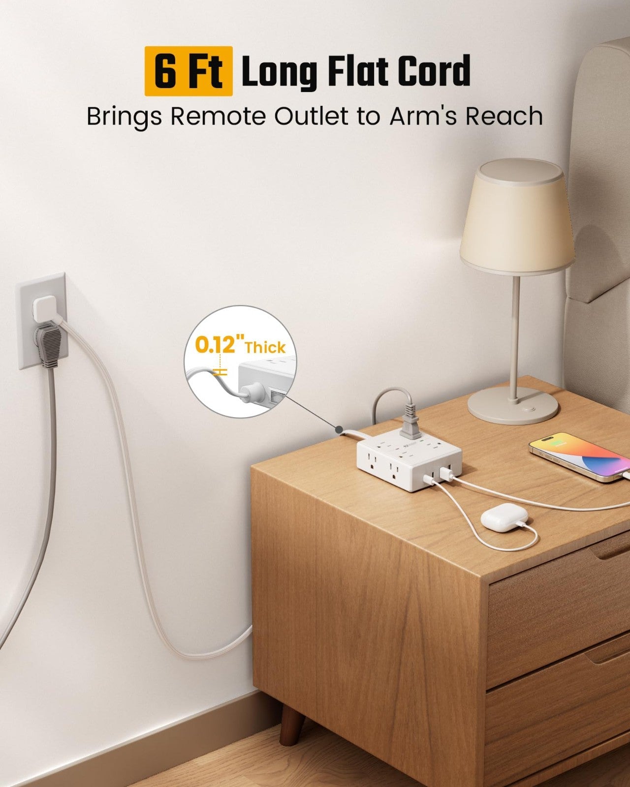 Flat Plug Surge Protector Power Strip with 6ft Extension Cord   6 Outlets, 2 USB2