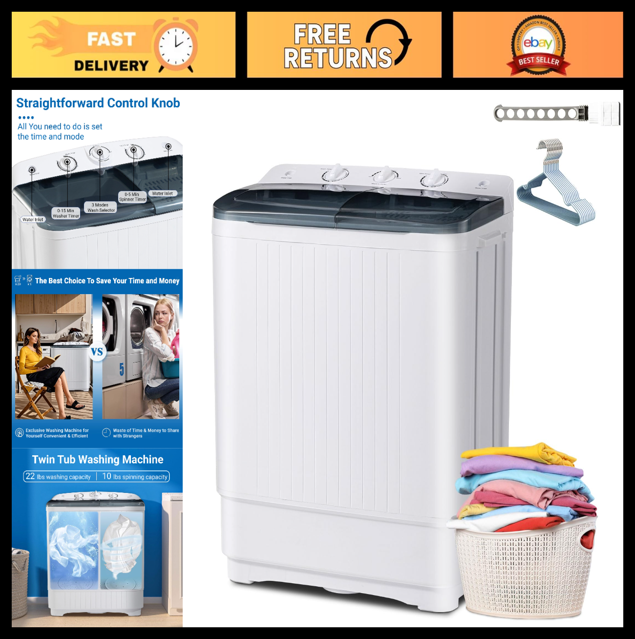 Compact Mini Twin Tub Washing Machine 32 lbs with Drying Rack & Hangers   Effici0
