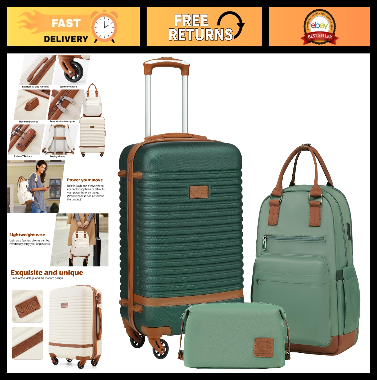 3-Piece Dark Green Luggage Set - Carry-On Suitcase with 360° Spinner Wheels, USB0