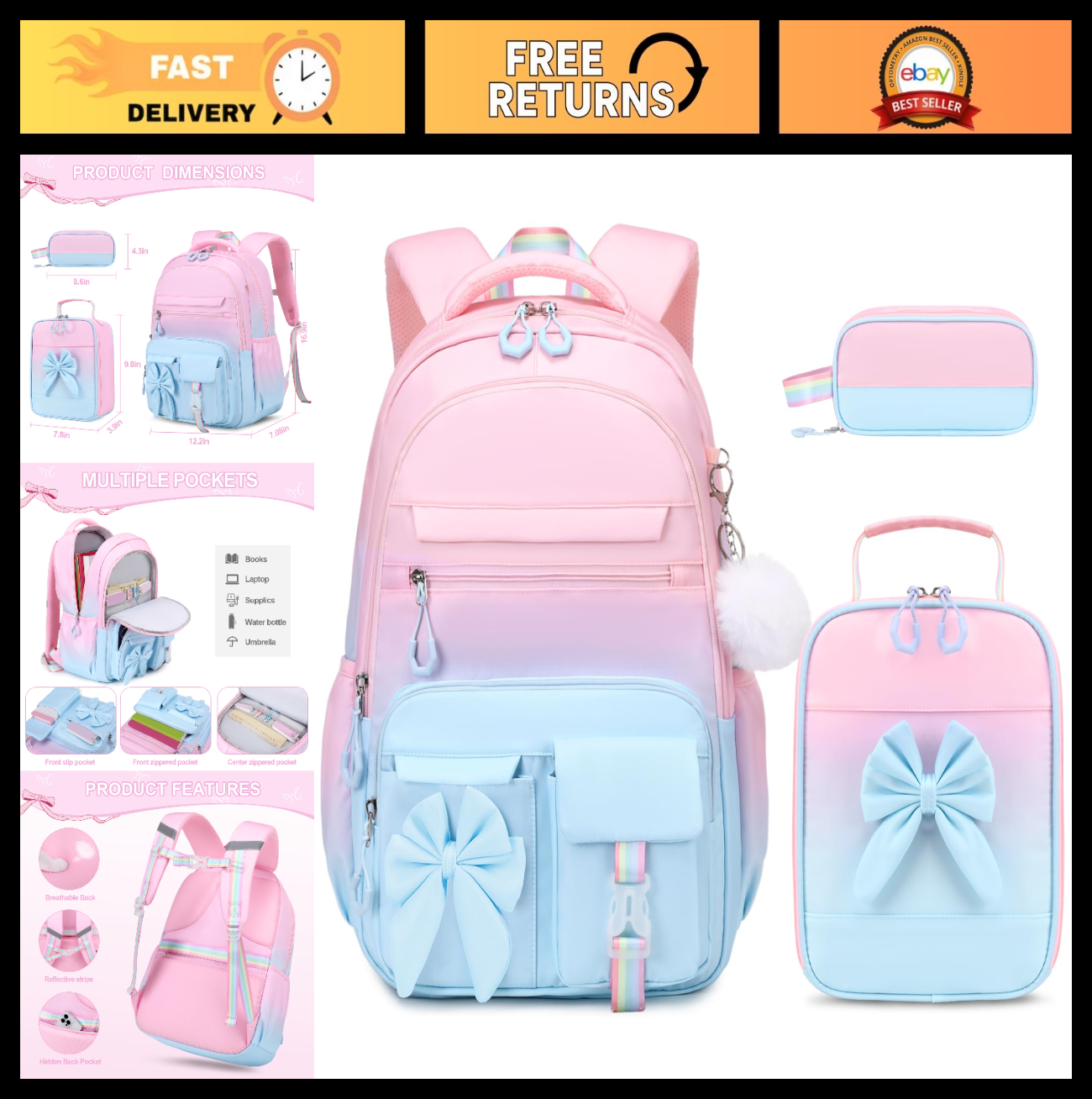 Cute Girls Backpack Set with Lunch Bag & Pencil Case   Stylish School Bag for Ki0