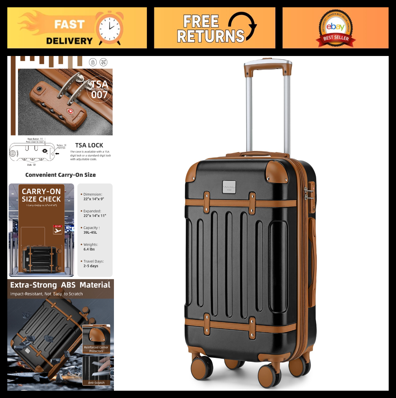 Expandable Carry-On Luggage 22x14x9, Lightweight ABS Hardshell, TSA Lock, Spinne0