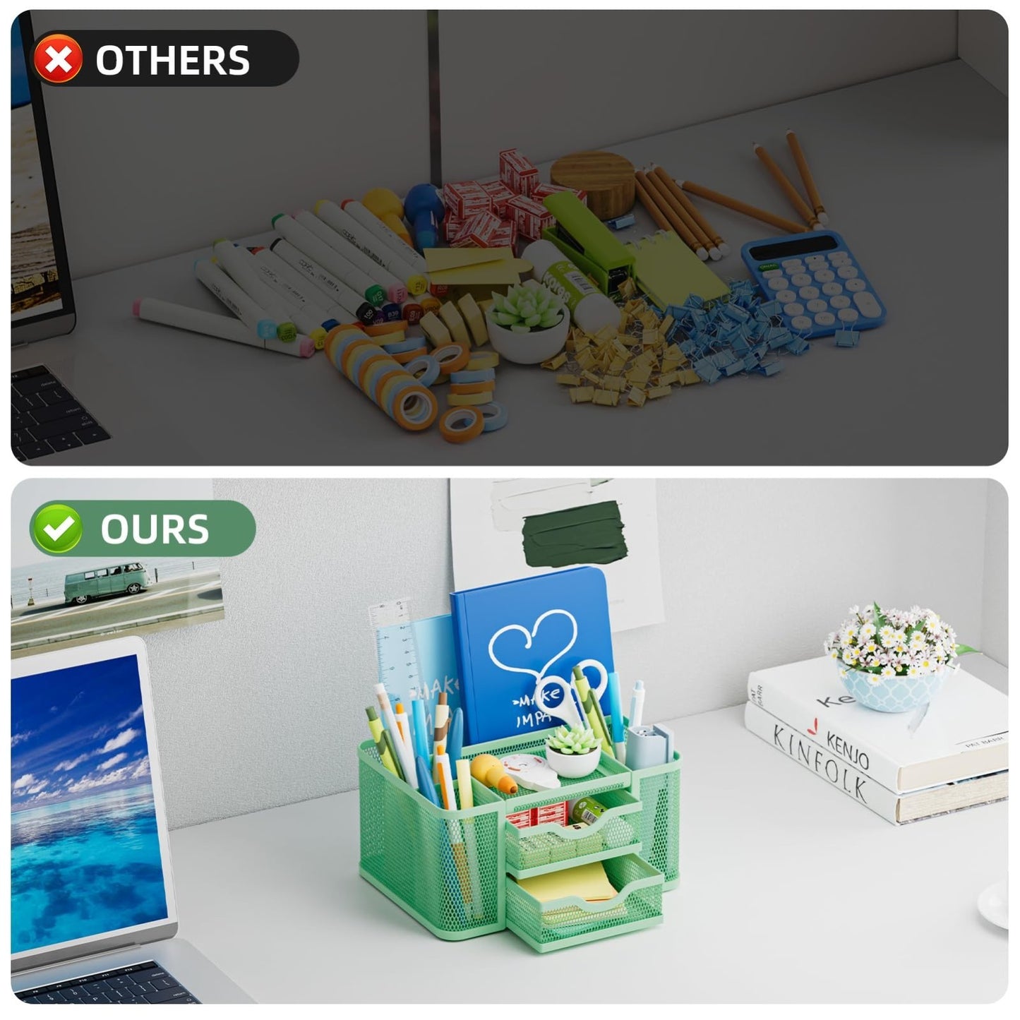 Multi Functional Mesh Desk Organizer with 2 Drawers, 5 Compartments, Green Penci6