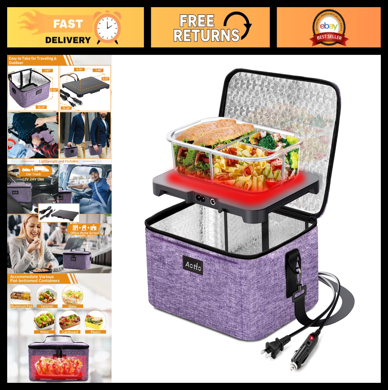 3-in-1 Portable Electric Lunch Box Food Heater, 12V/24V/110V Car & Home Warmer0