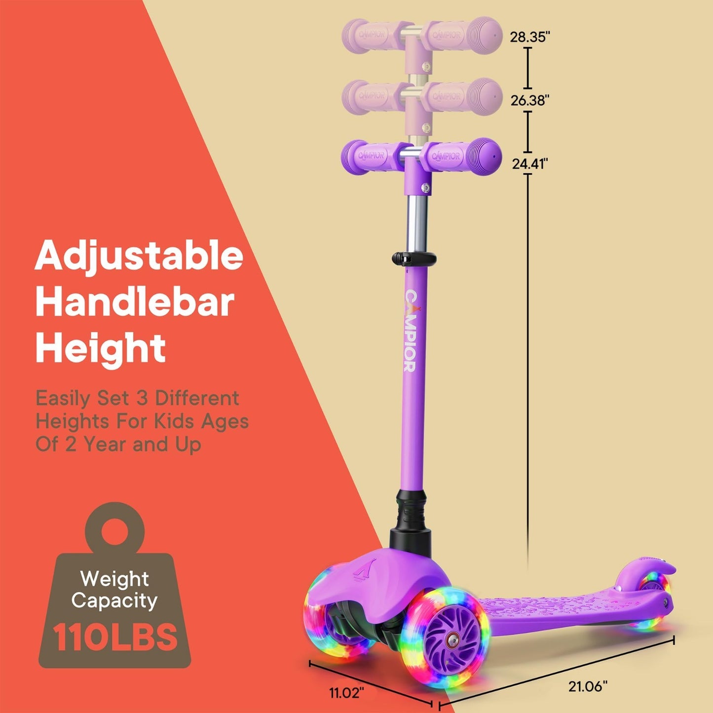 Mini 3-Wheel Scooter for Kids - LED Light-Up Wheels, Adjustable Handlebar, Anti-6