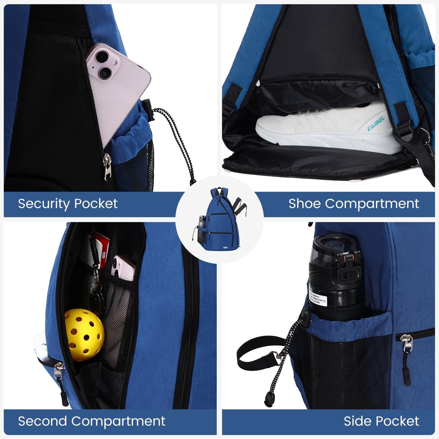 Convertible Pickleball Backpack - Water-Resistant Sling Bag for 6 Paddles, Bottl2