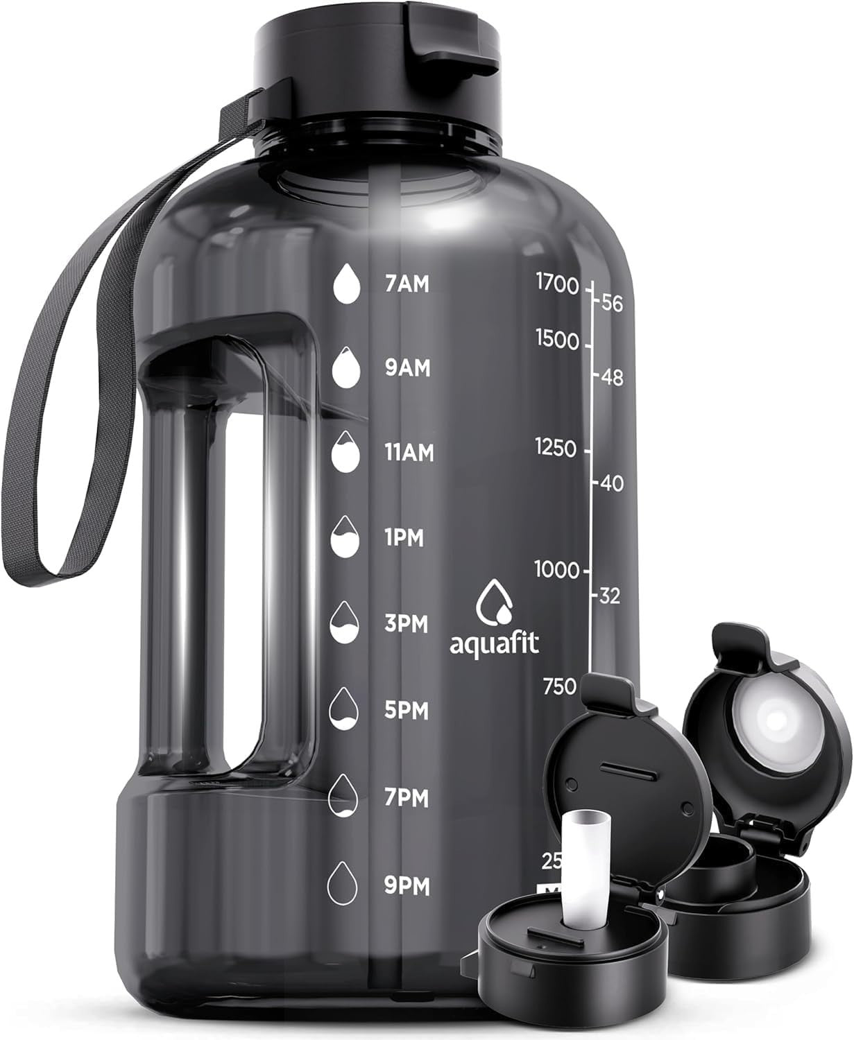 64 oz Water Bottle with Time Marker - BPA Free Gym Jug with Straw & Handle1