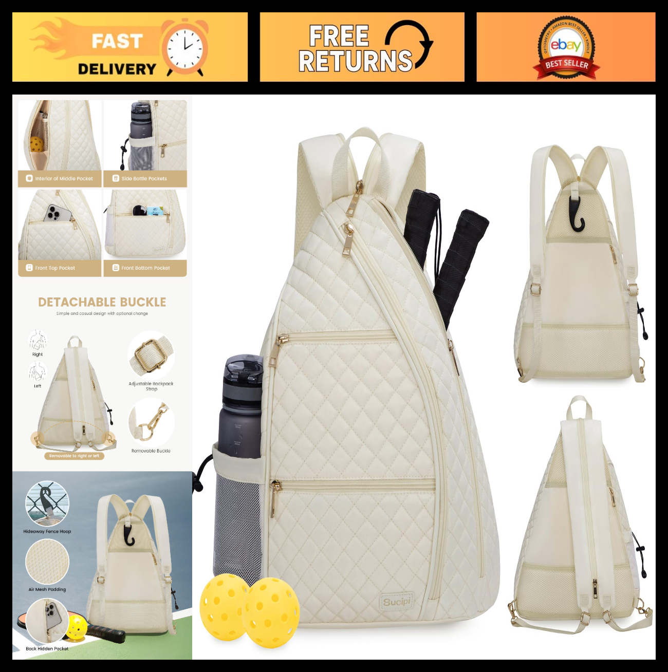 Quilted Crossbody Sling Backpack for Women - Tennis & Pickleball Paddle Bag0