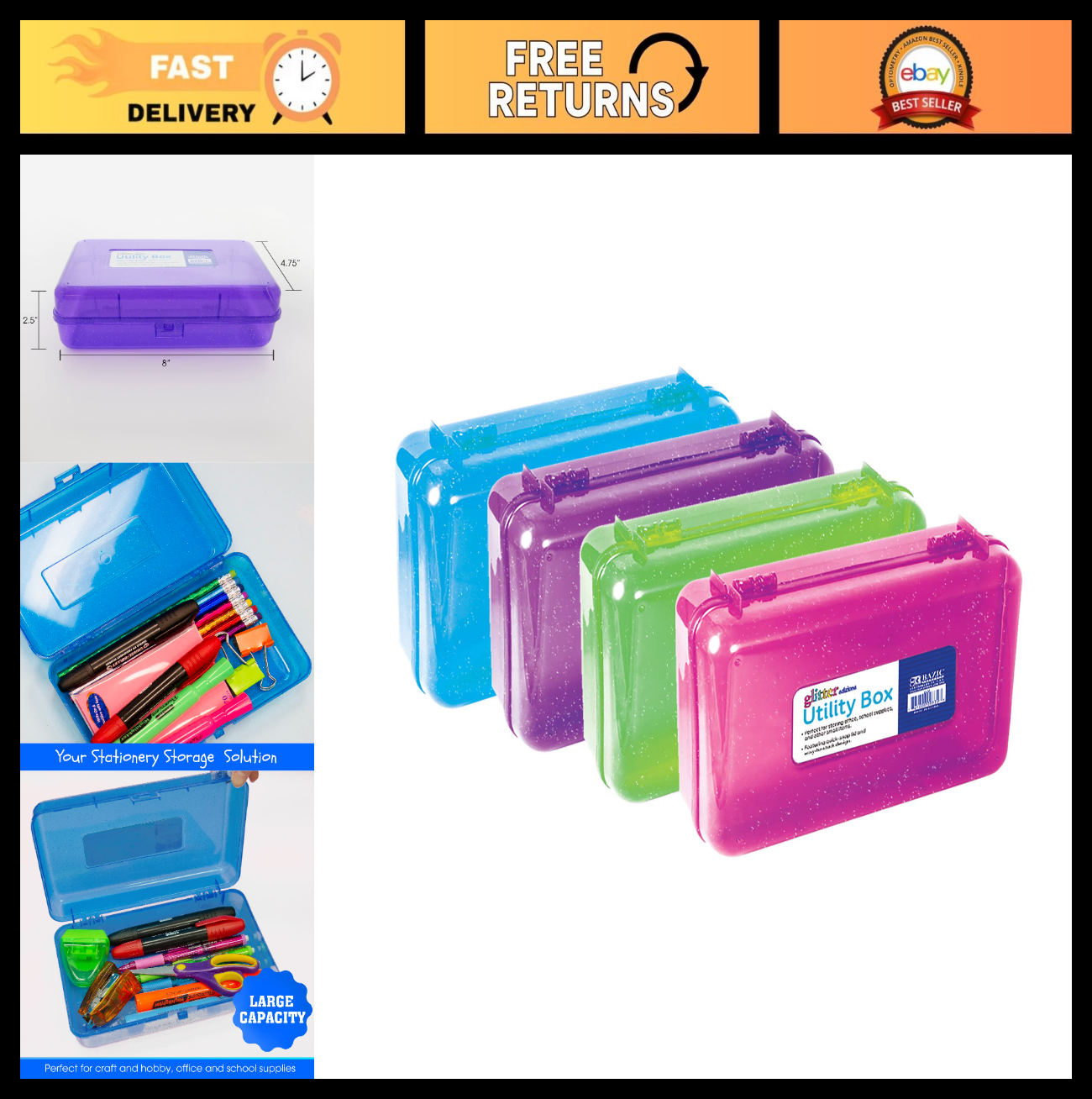 Glitter Pencil Box Set   Stackable Multipurpose Storage Case, 4 Pack for Craftin0