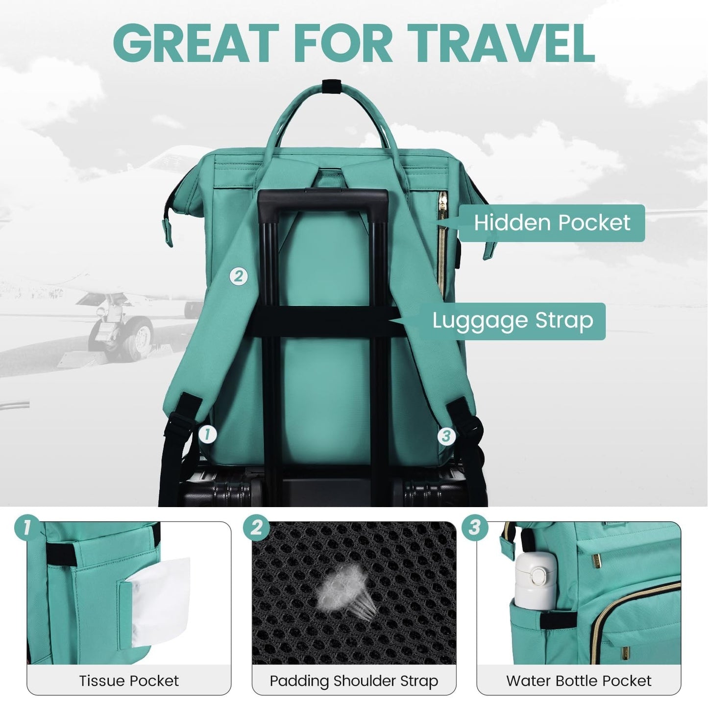 Stylish 18" Laptop Backpack for Women, Waterproof Travel Bag with USB Port, Mint3