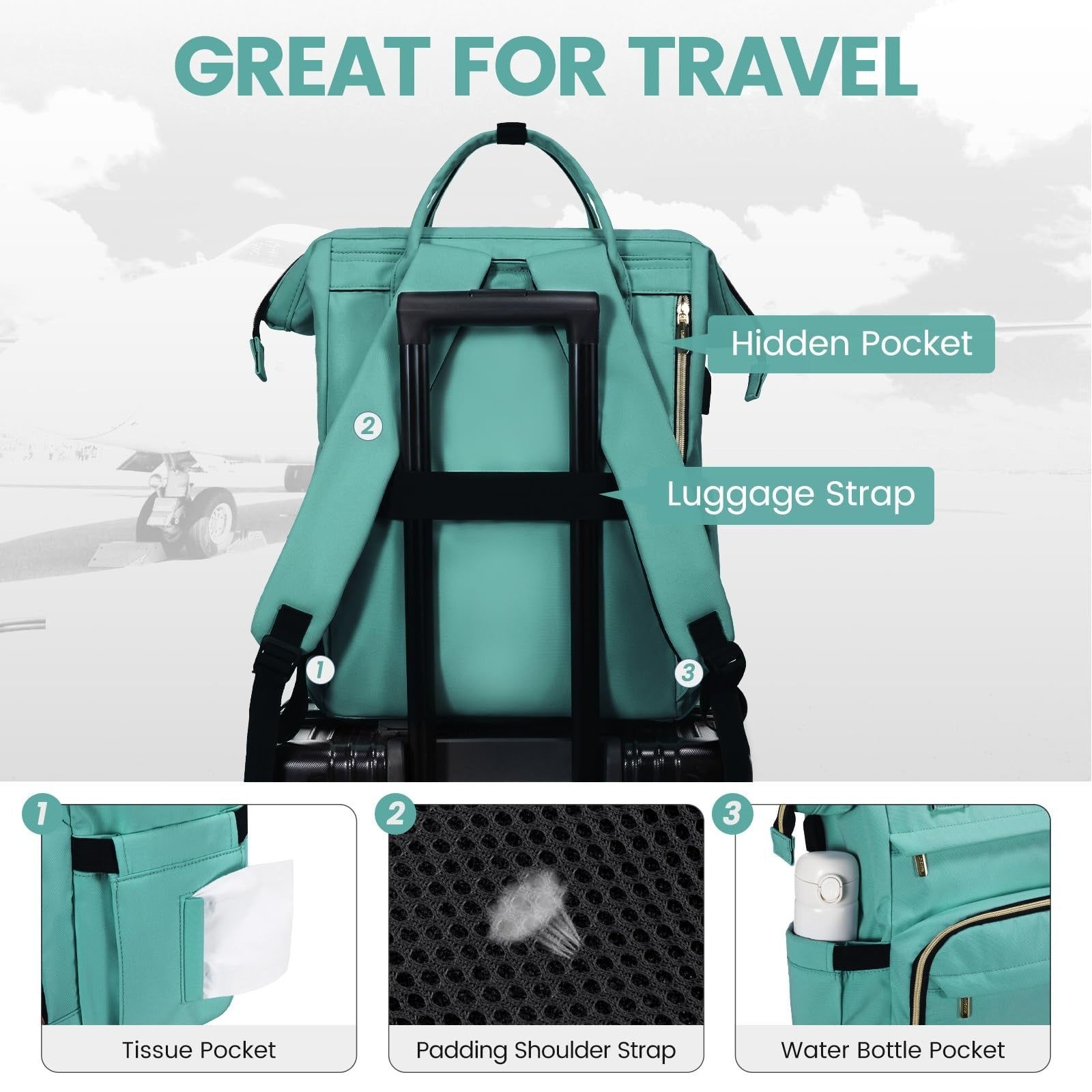Stylish 18" Laptop Backpack for Women, Waterproof Travel Bag with USB Port, Mint3