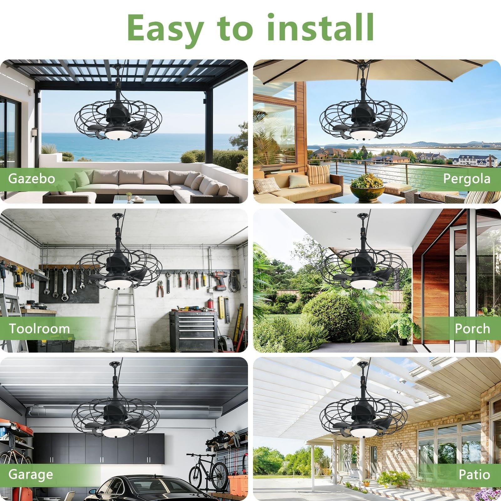 20" Black Outdoor Ceiling Fan with Light & Remote, 6 Speed Waterproof Patio Fan6