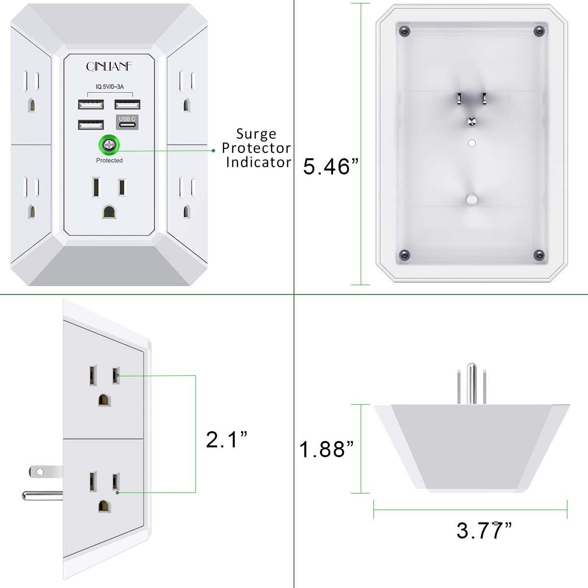 5 Outlet Wall Charger Surge Protector with 4 USB Ports, 3 Sided Power Strip for5