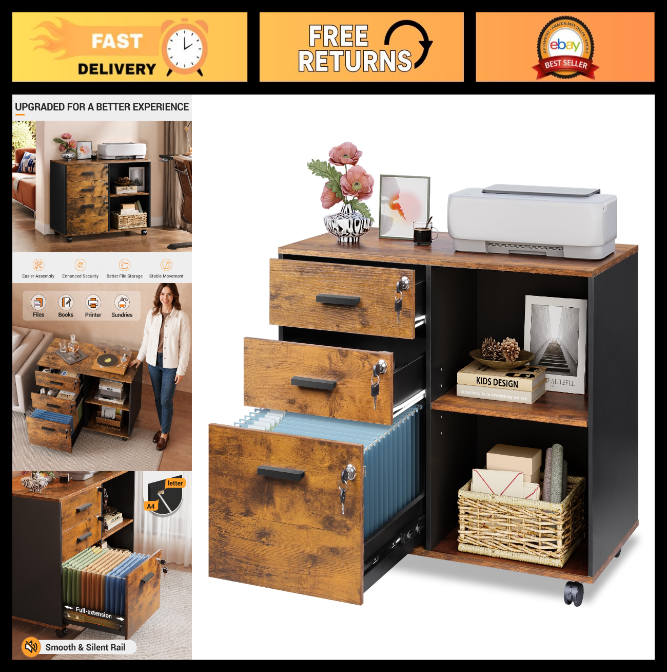 3 Drawer Locking File Cabinet, Rustic Wood Office Storage, Rolling Printer Stand0