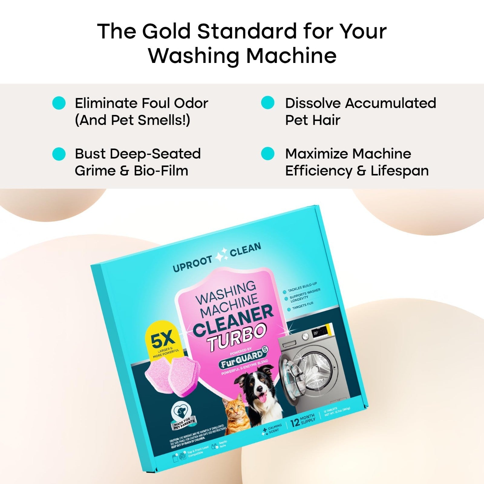 Washing Machine Cleaner Tablets - 5x Stronger, 12-Mo Supply, Pet Safe, HE/Top/Fr3