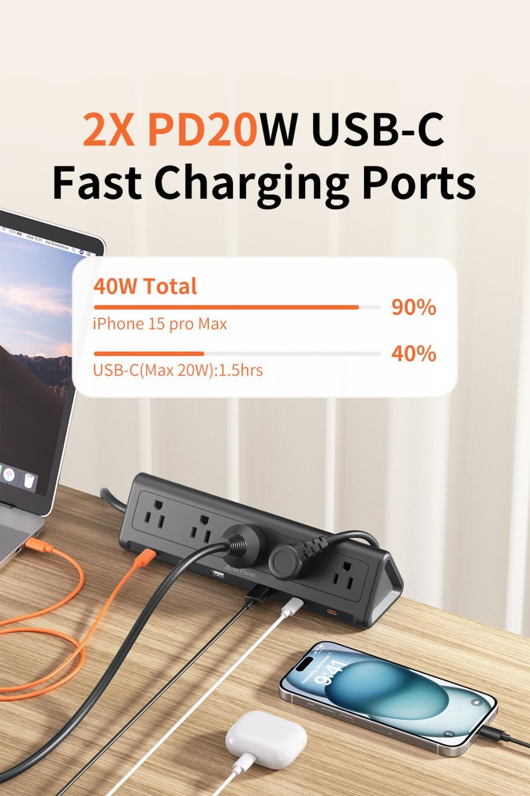 10FT Desk Clamp Power Strip, 5 AC Outlets, 6 USB Ports, PD 40W Fast Charging, Bl3