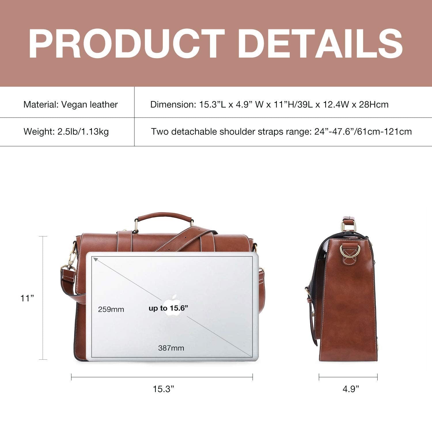 Vegan Leather Laptop Backpack Briefcase for Women, 15.6" Satchel Work Bag - Coff6