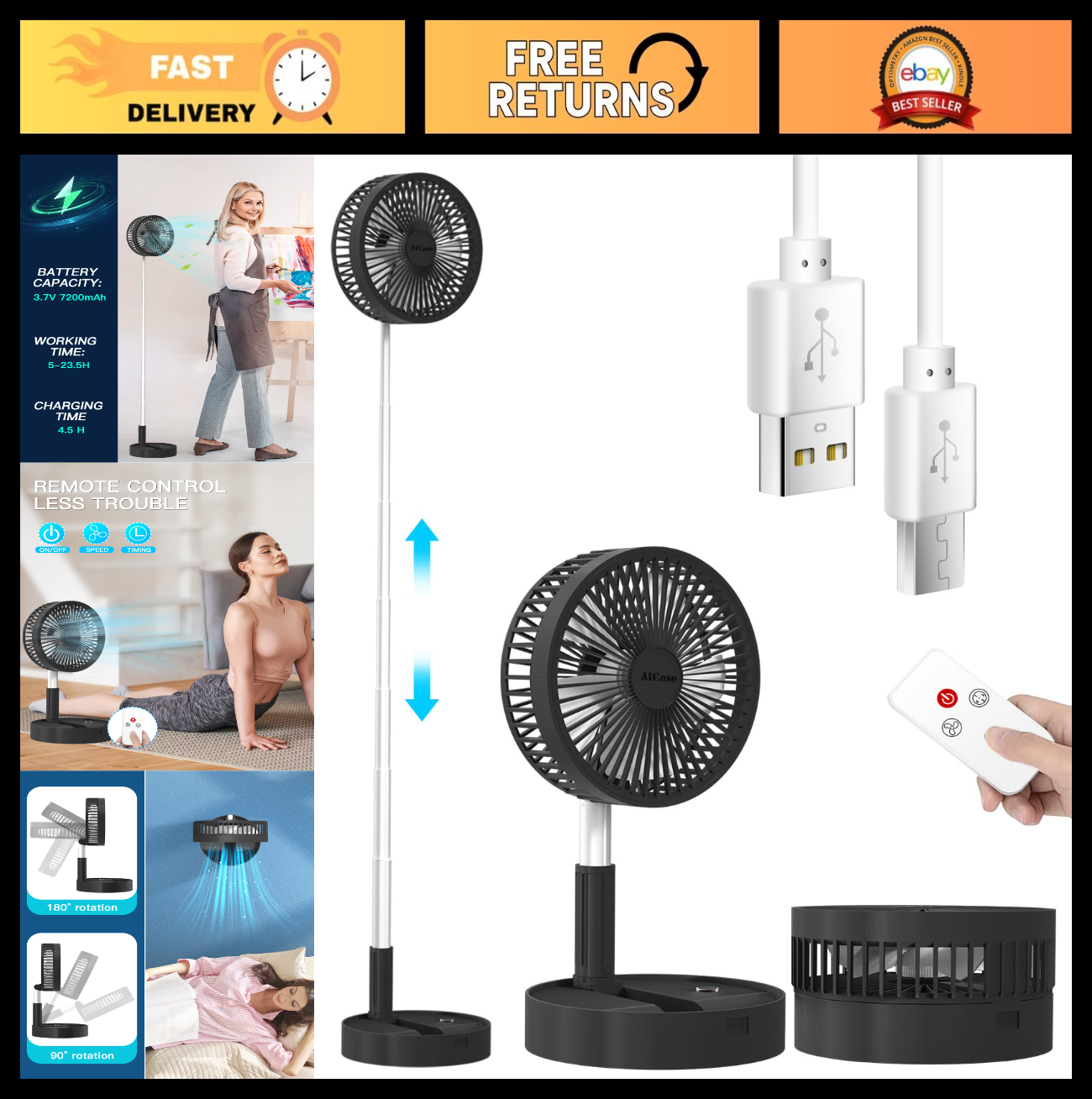 Portable Folding Stand Fan, USB Rechargeable 7200mAh, 4 Speed Adjustable Height,0