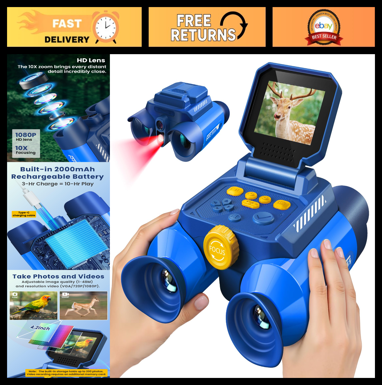 Kids Binoculars with Night Vision & 10X Zoom   Adventure Telescope Toys for Ages0