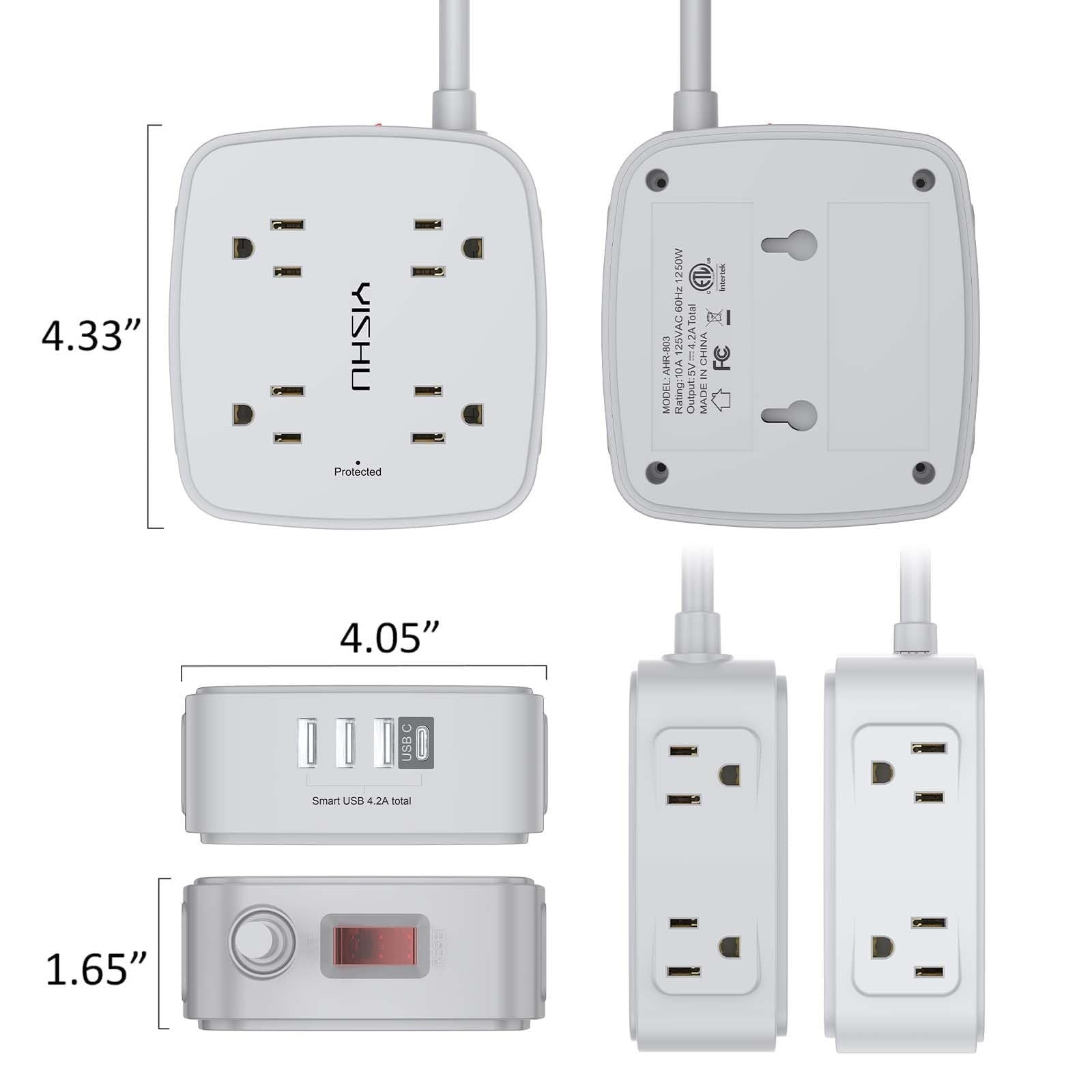 6ft Surge Protector Power Strip, 8 Outlets & 4 USB Ports, Flat Plug, Wall Mount,6