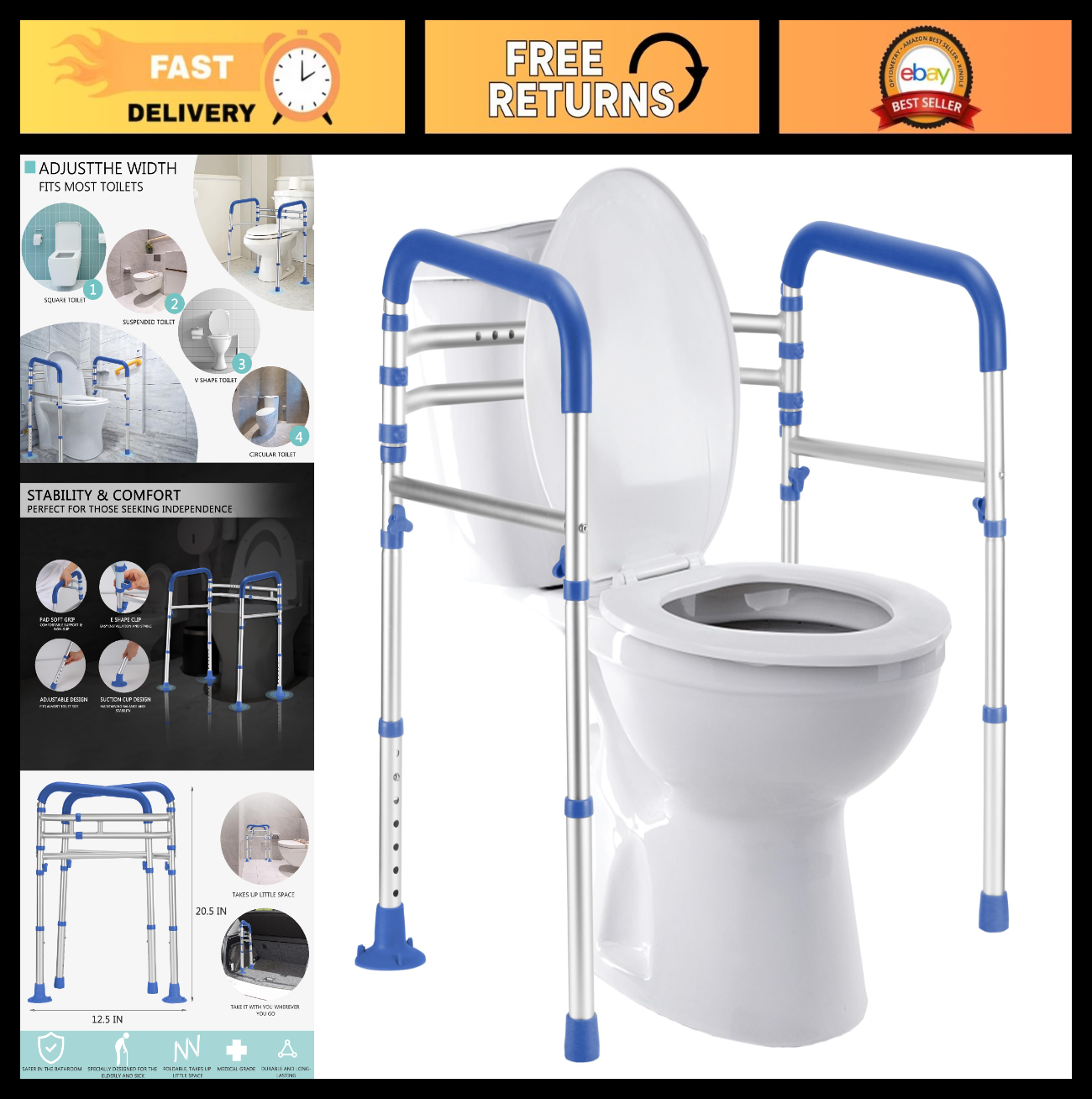 Adjustable Toilet Safety Rails   350 lbs Capacity, Foldable Design, Fits Most To0