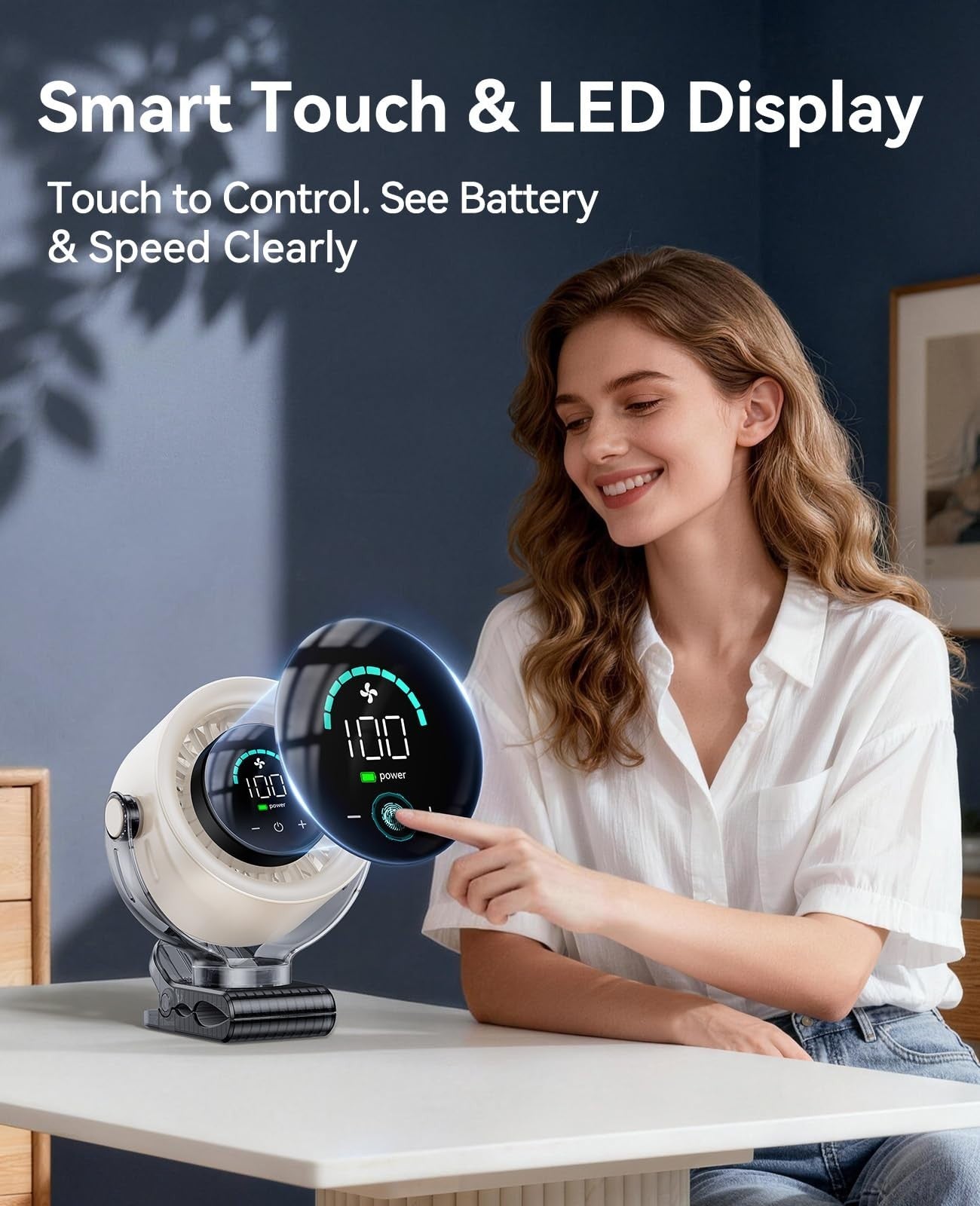 4000mAh Portable Clip On Fan   100 Speed Touch Control, LED Display, 360° Rotati5