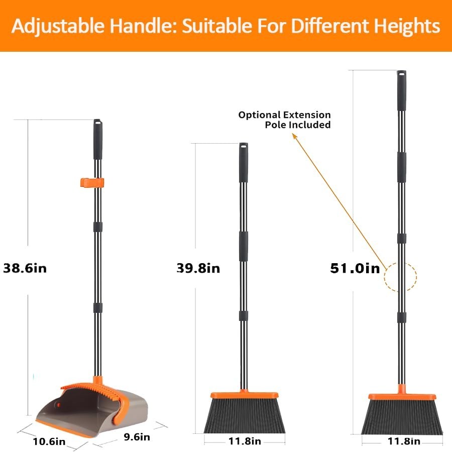 Upgraded 2-Pack Broom & Dustpan Set, 52" Long Handle, Self-Cleaning Teeth, Indoo2