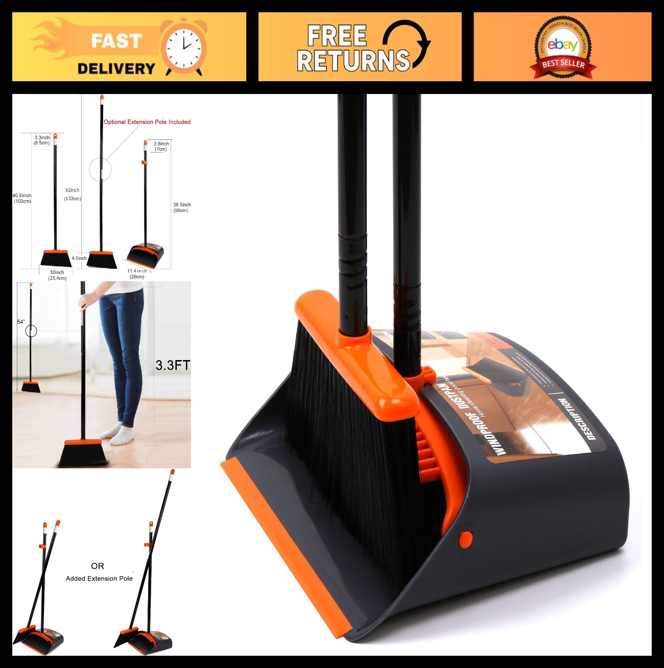 52" Long Handle Broom and Dustpan Set - Upright Stand for Home, Kitchen, Office0