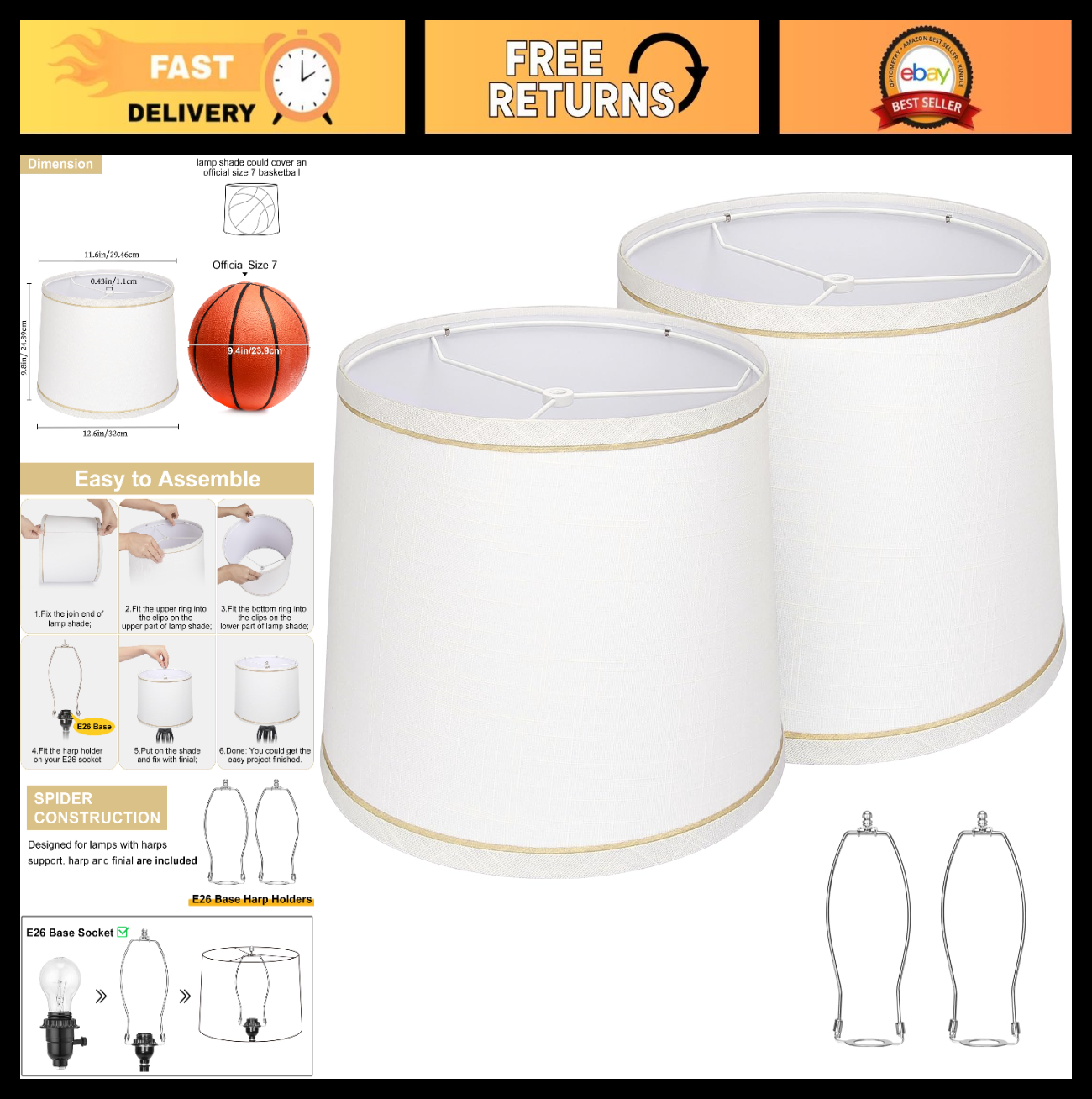 Set of 2 White Fabric Drum Lampshades for Table & Floor Lamps, 11.6" x 12.6" x 90