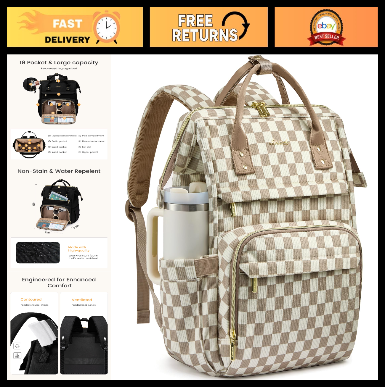 Waterproof 15.6" Laptop Backpack with Tumbler Holder, TSA Approved Travel Bag, K0