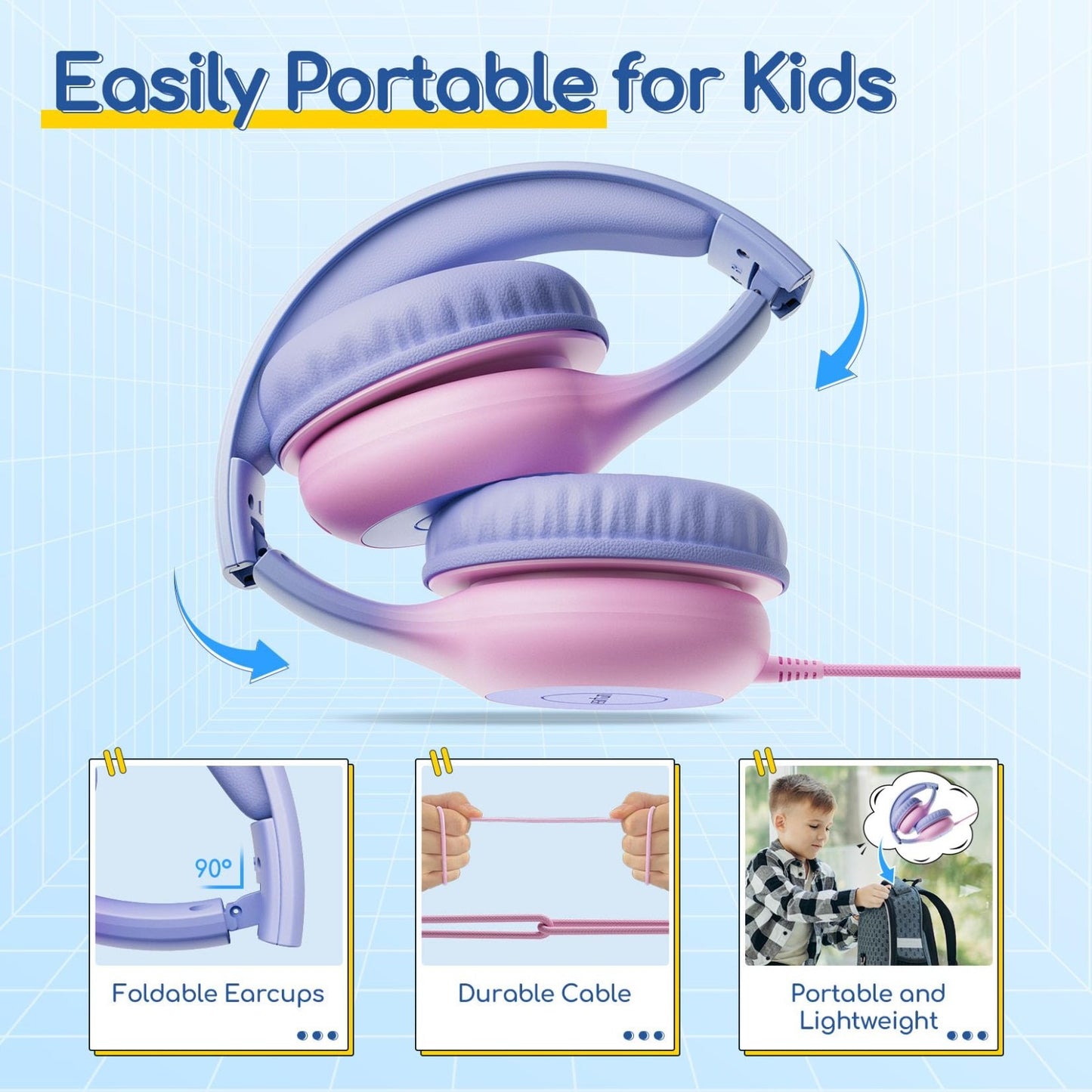 Wired Kids Headphones with Mic, USB Type C, Volume Limit 85/94dB, Portable Folda6