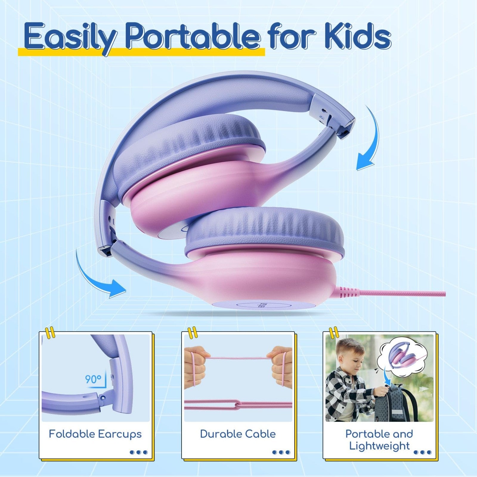 Wired Kids Headphones with Mic, USB Type C, Volume Limit 85/94dB, Portable Folda6