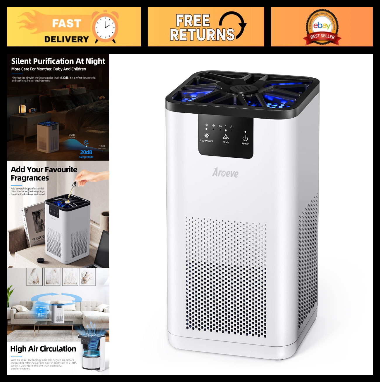 Air Purifier for Bedroom with Aromatherapy, 360° Filtration, Quiet 20dB, Speed C0