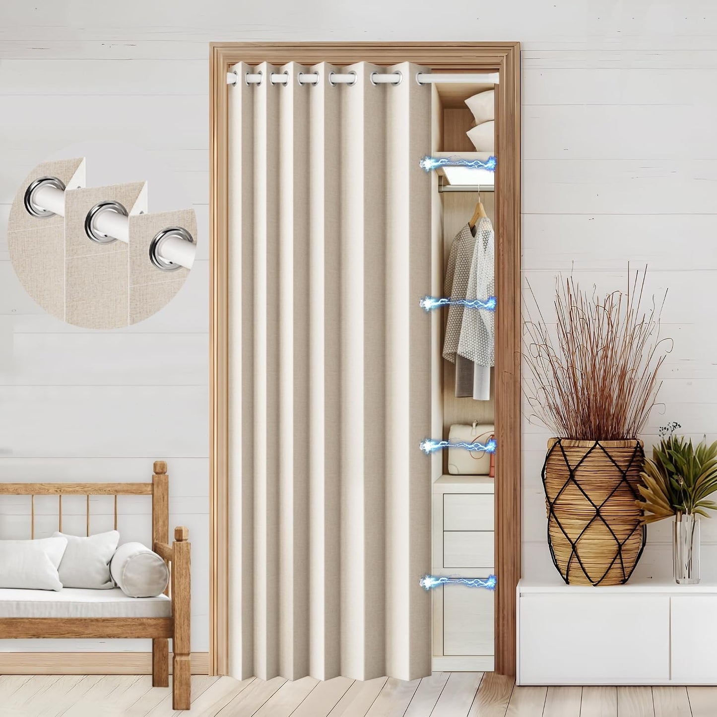 100% Blackout Faux Linen Doorway Curtain, Magnetic Room Divider, 80" x 45", Sand0