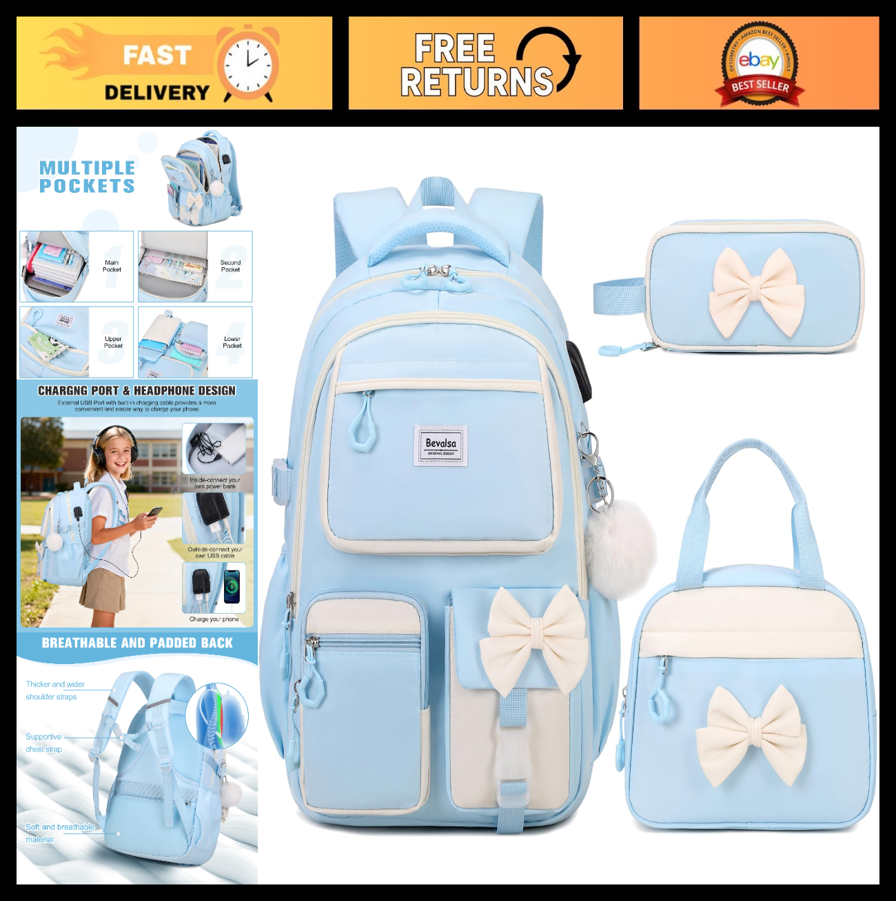 Cute Bow Backpack for Girls   School Bag Set with Lunch Bag & Pen Case0