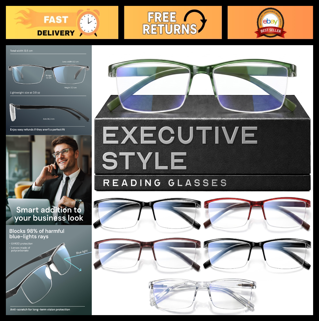 Durable Blue Light Filtering Reading Glasses for Men - Comfortable TR90 Frames0