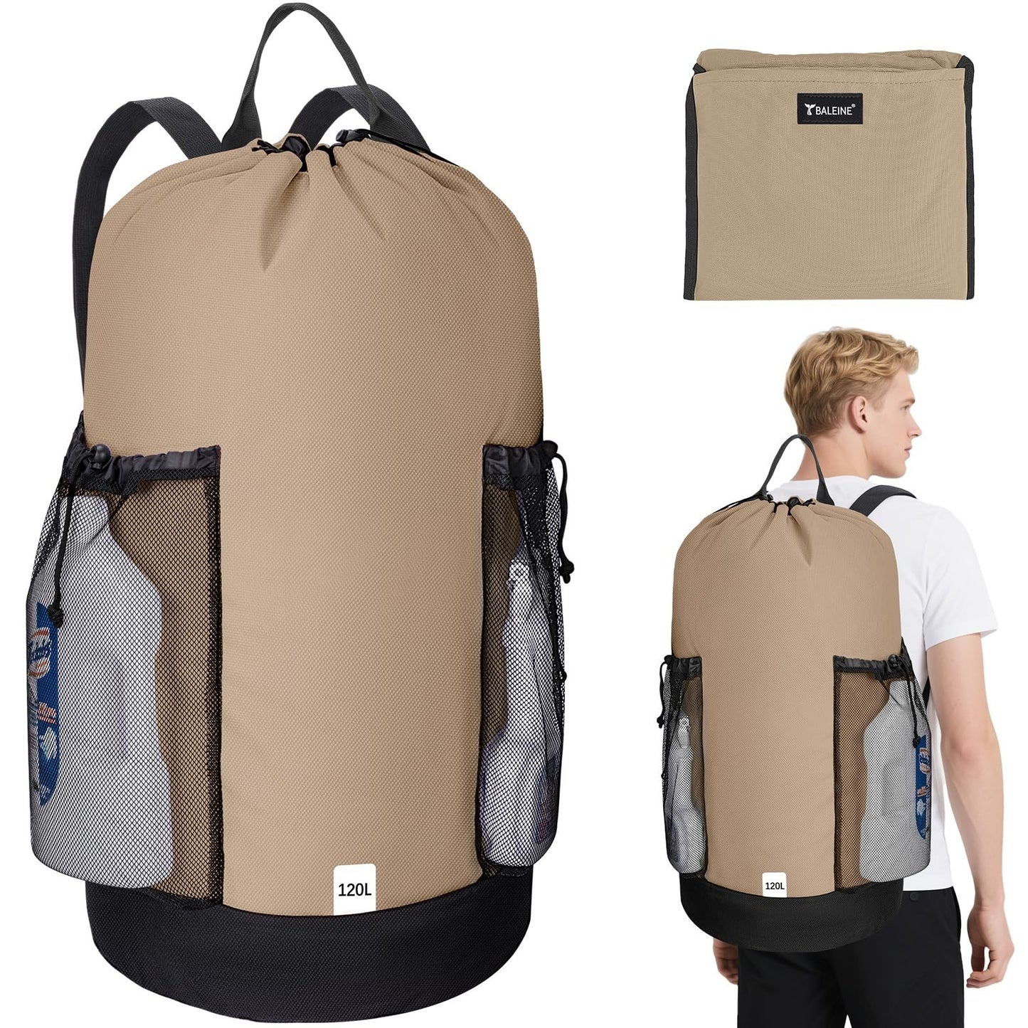 Large 120L Laundry Backpack Bag, Durable 900D Oxford, Mesh Pockets, College Use1