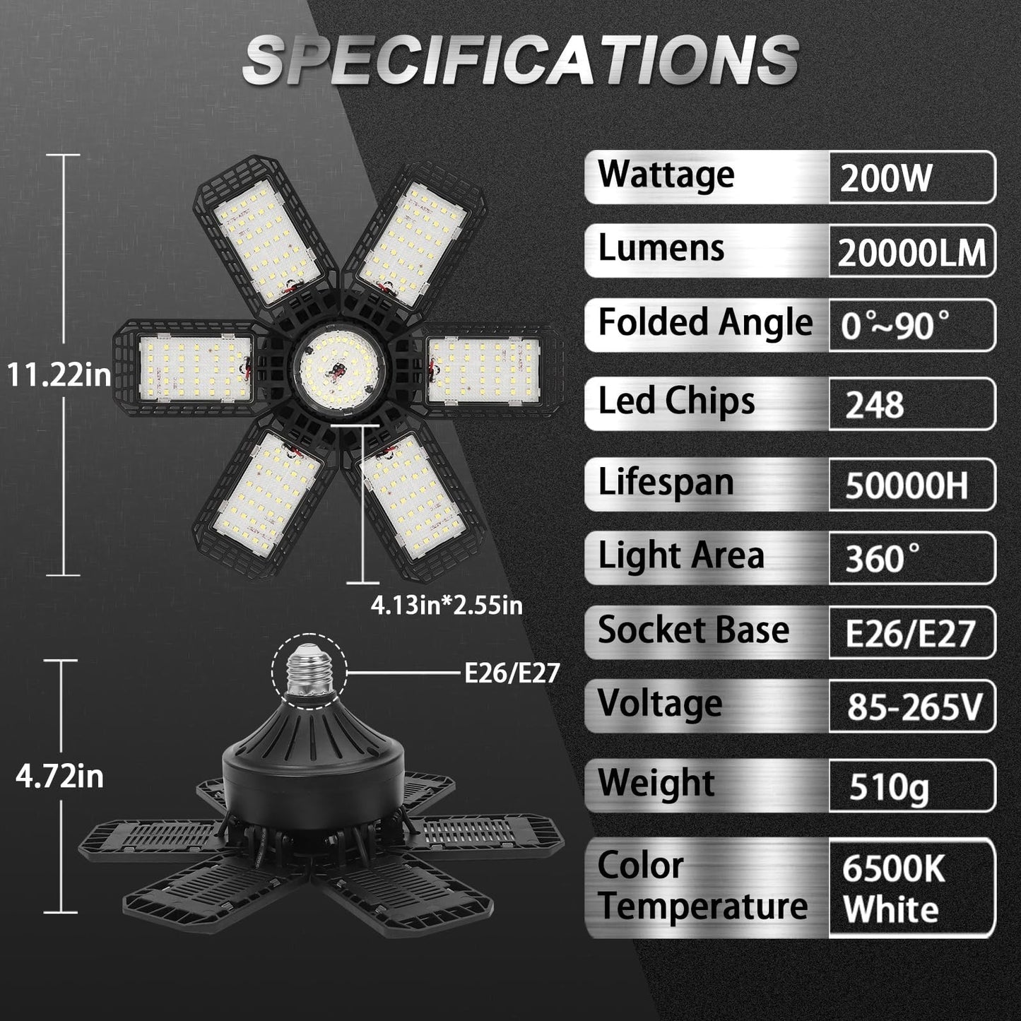 2 Pack 200W LED Garage Lights, 20000LM Deformable Ceiling Bulbs, E26/E27 Socket,3