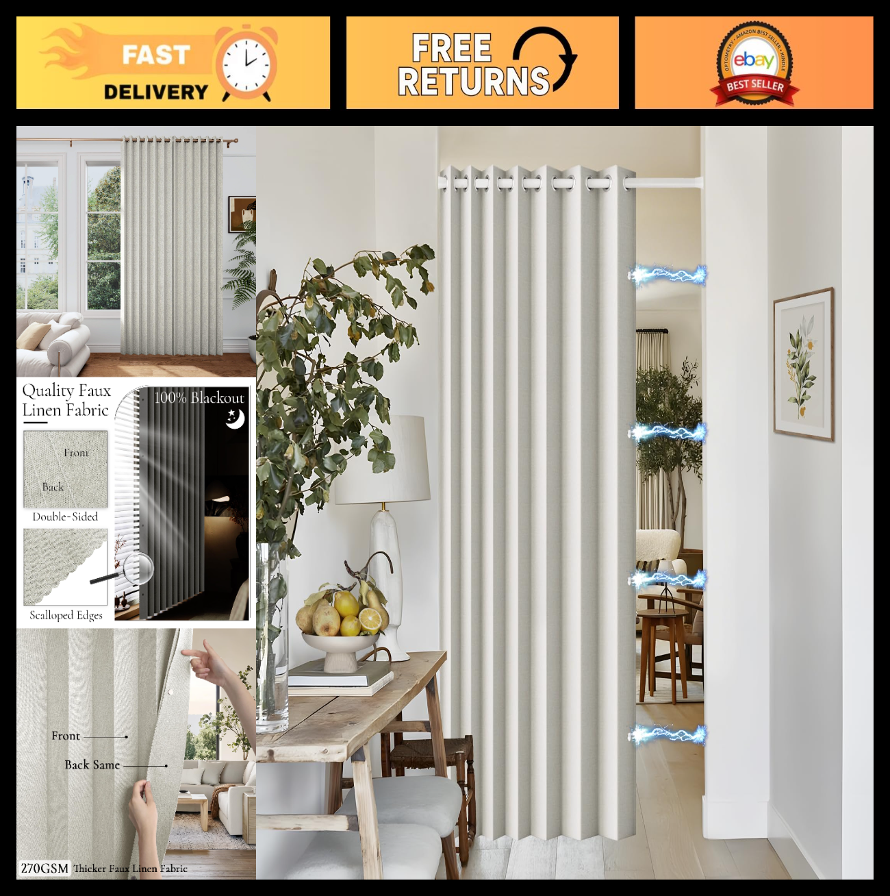 96" Faux Linen Blackout Curtain, Memory Trained Pinch Pleat Drape for Home Offic0