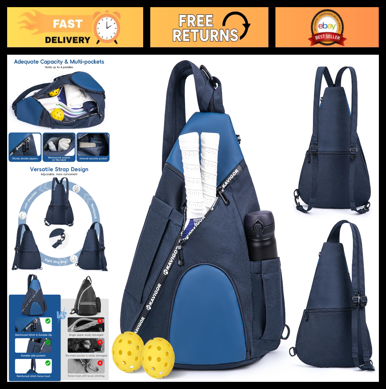 Lightweight Pickleball Sling Bag, 7 Pockets, Water-Resistant, Detachable Strap0
