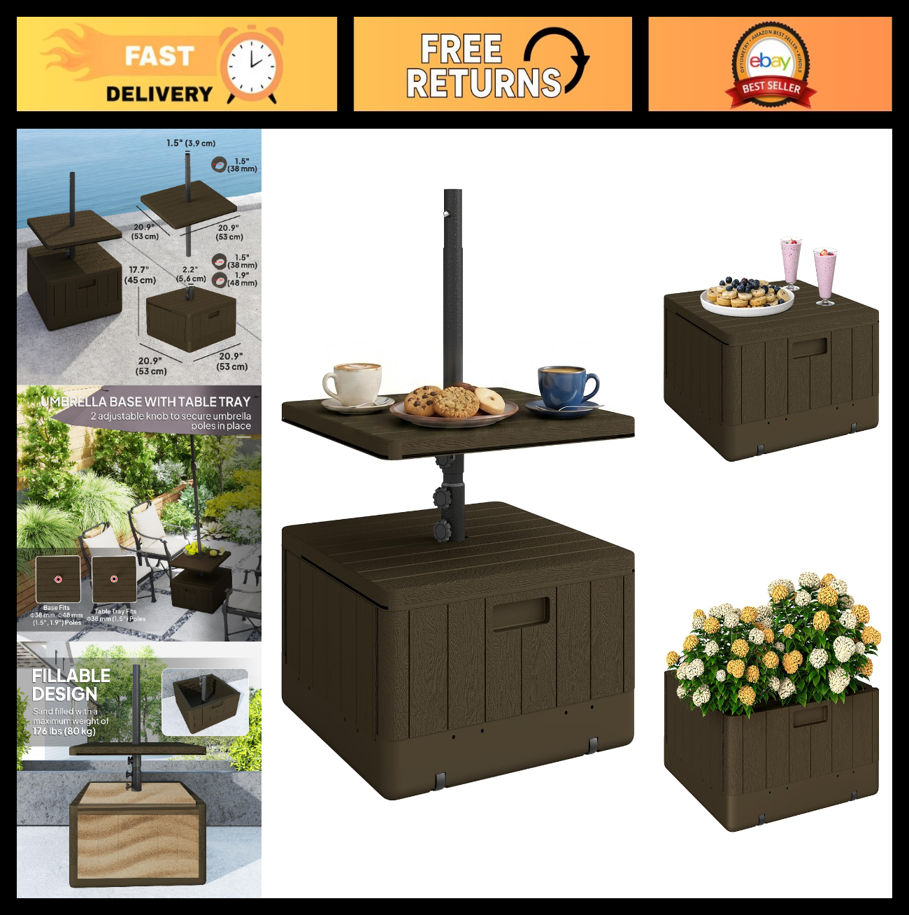 3-in-1 Outdoor Umbrella Base with Table Tray, 175 lbs Heavy Duty Stand, Wheels,0