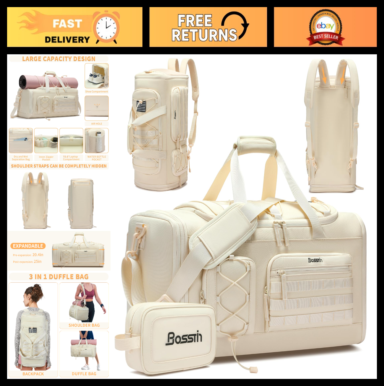 Expandable 45L 50L Gym Bag for Men & Women, Durable Sports Duffle, Travel Tote0