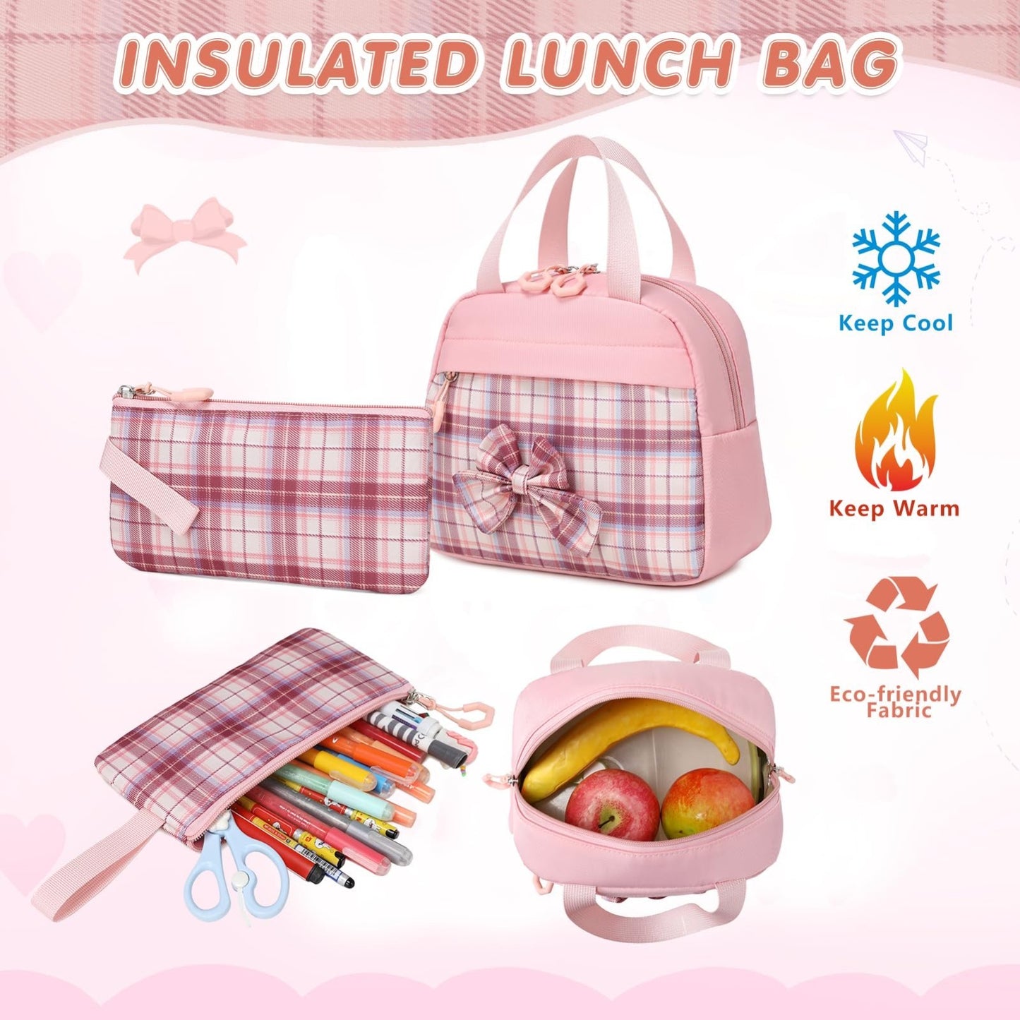 Stylish 3PCS School Backpack Set for Girls, 17" Bow Plaid Bookbag, Durable & Tre5